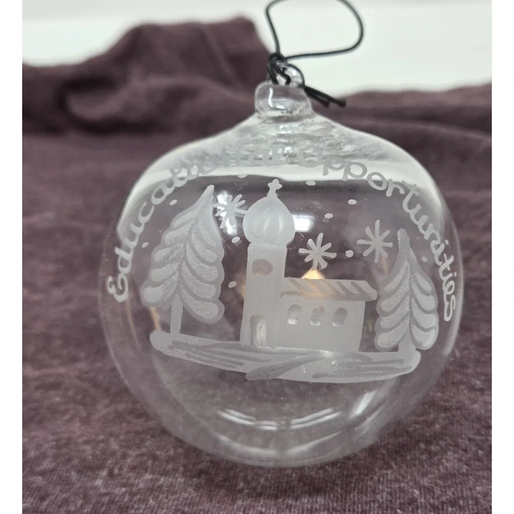 Clear Glass Ball Ornament Etched Church Chapel Pine Trees Snowflakes Christmas